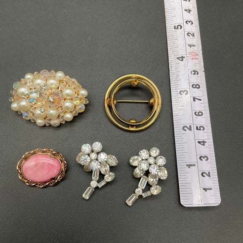 Vintage Costume Brooch Lot of 5 Rhinestone Faux Pearl 12K Gold Filled Pins