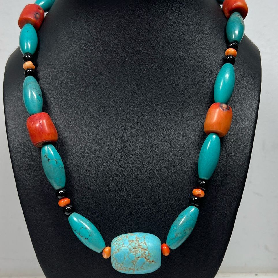 Turquoise & Coral Large Beaded Necklace