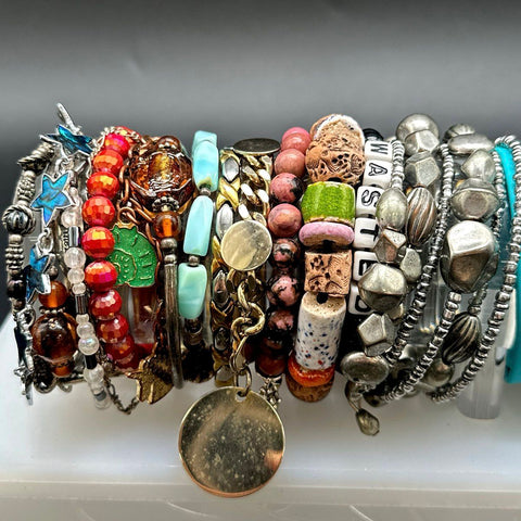 Eclectic Costume Jewelry Lot of 25 Bracelets Bangles Beaded Tribal Boho Styles