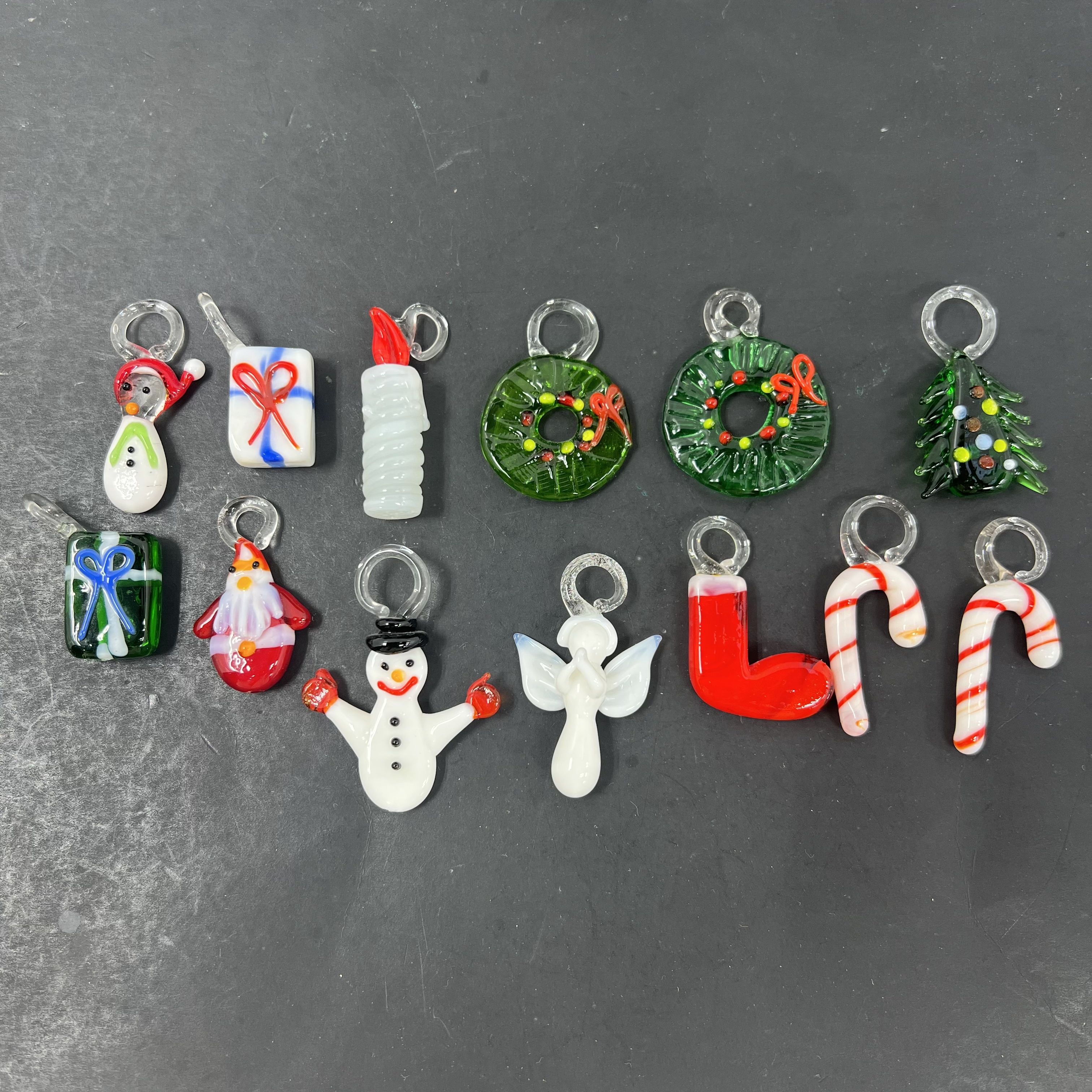 Hand Blown 13 Mini Ornaments Glass with Christmas Tree Art Glass Stand