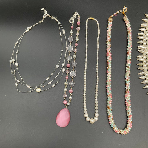 Vintage Style Costume Jewelry Lot of 8 Necklaces Faux Pearl Beaded Pink Red