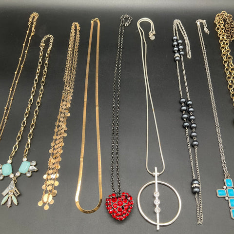 Mixed Fashion Costume Jewelry Lot 9 Necklaces Heart Cross Tassels 0.68 lbs