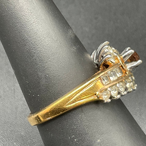 Vintage 18K Gold Filled Brown & Clear Faceted Stone Bypass Style Ring Size 7.75