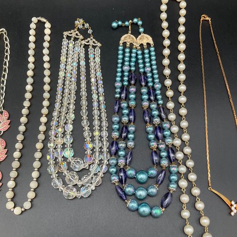 Vintage Costume Jewelry Lot 9 Necklaces Faux Pearl AB Glass Bead Gold Silver