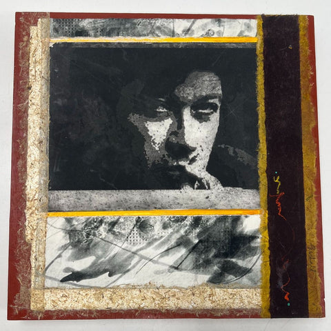 Sallyann Paschall Cherokee Artist Signed Mixed Media Collage Portrait 15.5x15.5