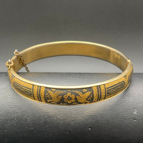 Vintage Damascene Hinged Bangle Bracelet Birds Flowers Gold Tone 7"