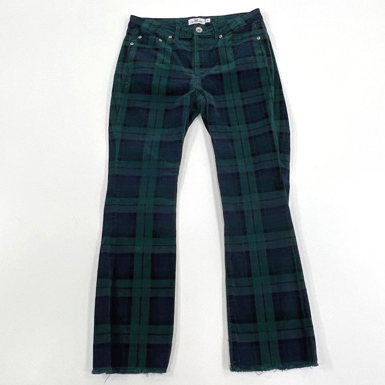 Women's Vineyard Vines High Rise Green Blue Plaid Corduroy Flare Pants - Size 28