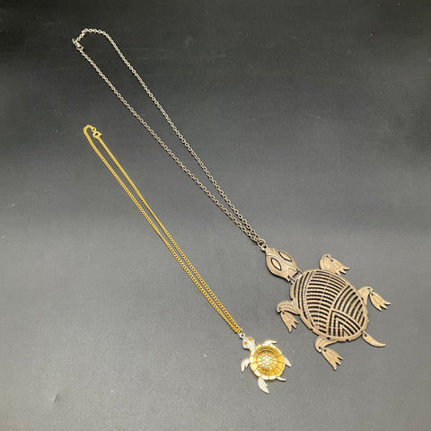 Vintage Articulated Turtle Pendant Necklaces Lot of 2 Silver and Gold Tone