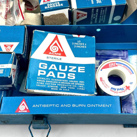 Vintage Acme First Aid Kit #50 Blue Metal Box Medical Supplies Display Piece