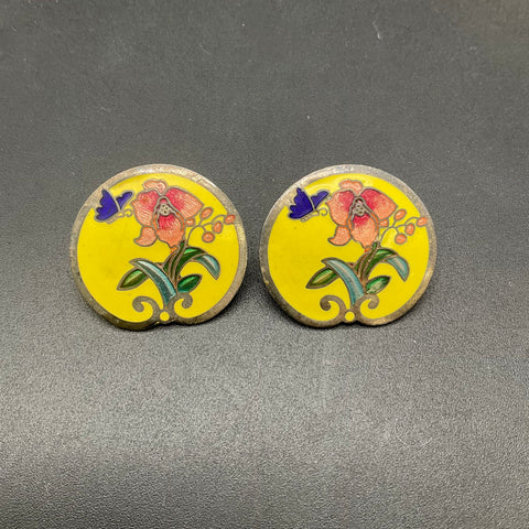 Vintage Cloisonne Enamel Jewelry Lot Floral Butterfly Necklace Earrings 5pc