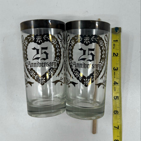 Vintage 25th Anniversary Glasses Set of 6 Silver Trim Tumblers With Wire Caddy