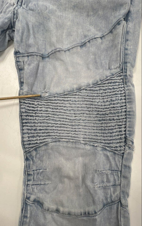 True Religion Men's Rocco Relaxed Skinny Light Wash Distressed Moto Jeans Sz 33