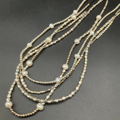 Trades by Haim Shahar Multi-Strand Cord Pearl Silver Tone Bead Necklace 32"
