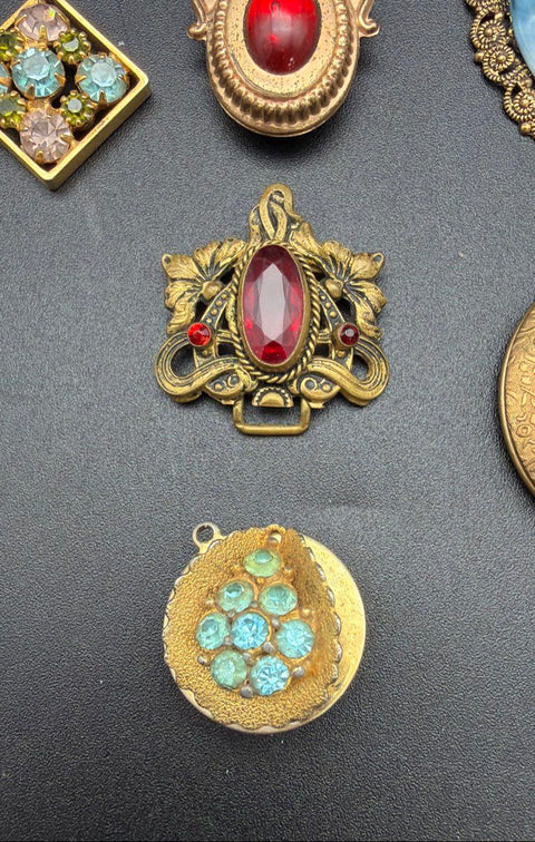 Vintage Costume Jewelry Lot Gold Tone Pendants Lockets Czechoslovakia 7pc