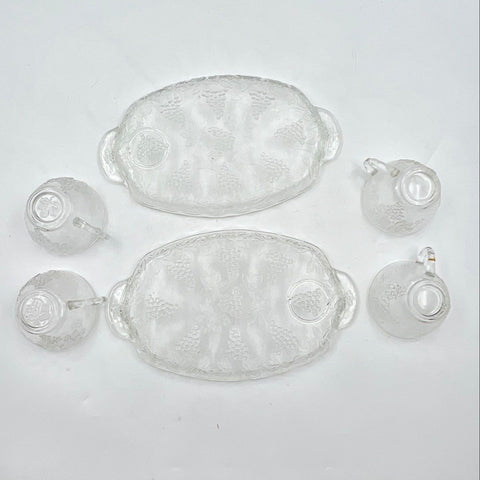 Anchor Hocking Vintage Snack Set 6 Piece Grape Leaf Clear Glass Trays & Cups