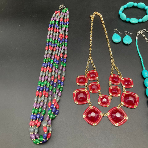 Statement Costume Jewelry Lot 8pc Beaded Gold Tone Turquoise Red Multi-Strand