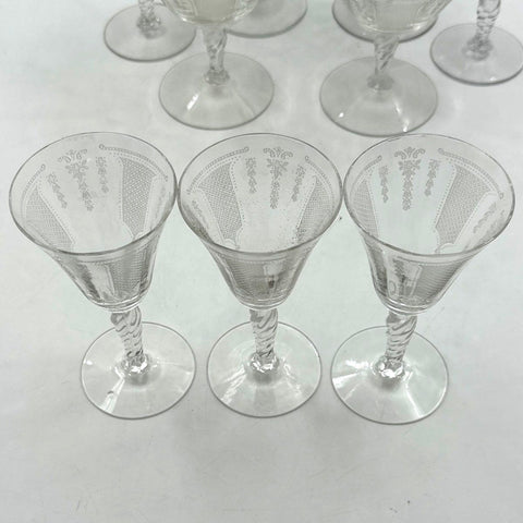 Fostoria Etched Glass 9 Piece Set Crystal Tapered Goblets Champagne Wine Vintage