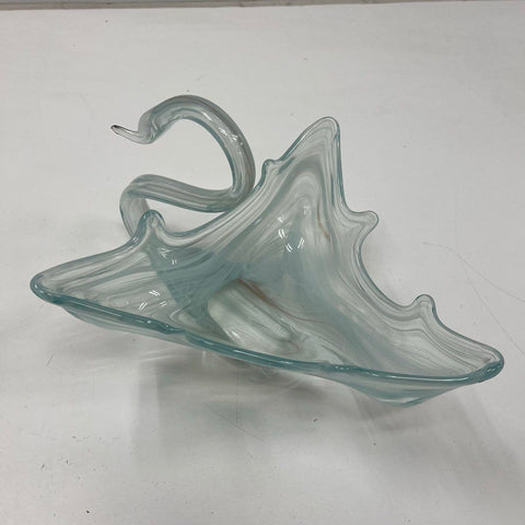 Vintage Hand Blown Art Glass Swan Bowl Dish Blue White Swirl Mid-Century Large