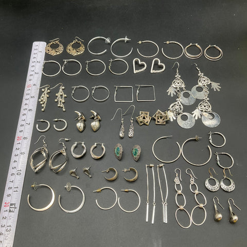 Silver Tone Fashion Earrings Jewelry Lot 32 Pairs Mixed Hoops Dangles Studs