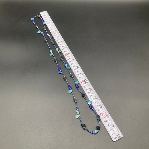 Handmade Blue Art Glass Seed Bead Necklace Floral Tulip Leaf Motif 34"