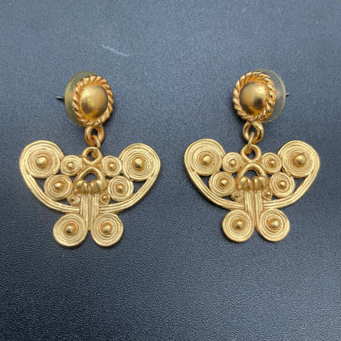 Vintage Tairona Pre-Columbian Style Gold Tone Butterfly Brooch & Earring Set