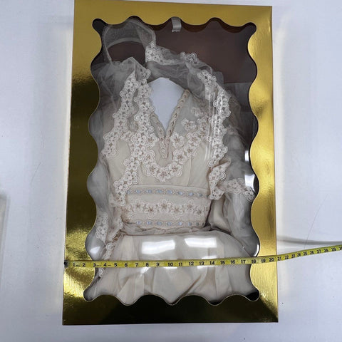 Vintage 70s Wedding Dress Ivory Lace Floral Beaded Bridal Gown Veil Boxed