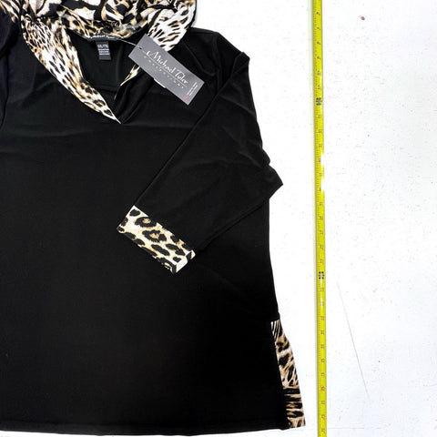 Michael Tyler Women's Black Hooded 3/4 Sleeve Leopard Print Trim Top NWT XXL