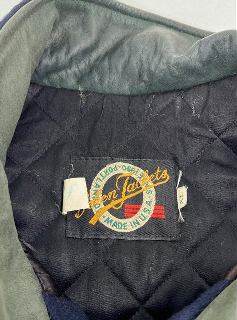 Vintage 90s Dehen Men's Blue Wool Leather Sleeve Varsity Jacket XL Embroidered