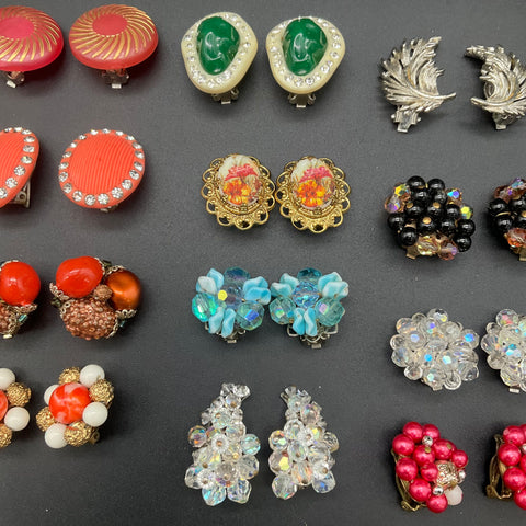 Vintage Clip On Earrings Lot of 12 Pairs Rhinestone Beaded  display picture 1