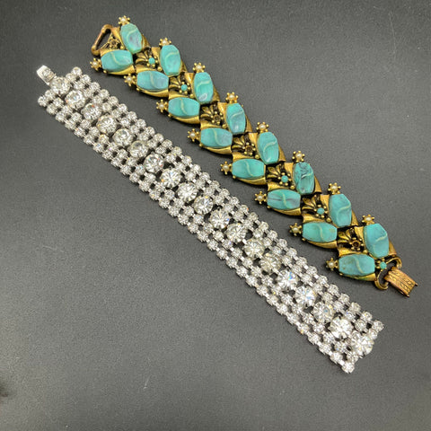Vintage Costume Jewelry Lot 2 Bracelets Faux Turquoise Rhinestone Pearl Accents