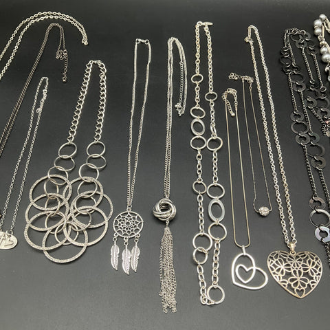 Silver Tone Fashion Jewelry Lot 13 Necklaces Heart Cross Dreamcatcher Tassel