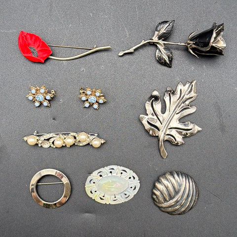 Vintage Costume Jewelry Lot 8pc Italy Silver Brooch Poppy Leaf Faux Pearl