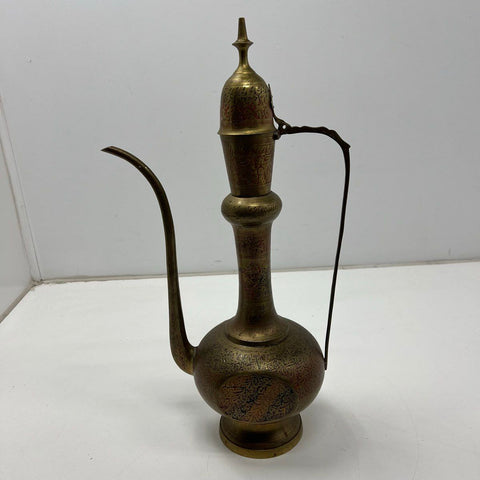 Vintage Indian Etched Brass Ewer Teapot Pitcher Aftaba Boho Home Decor