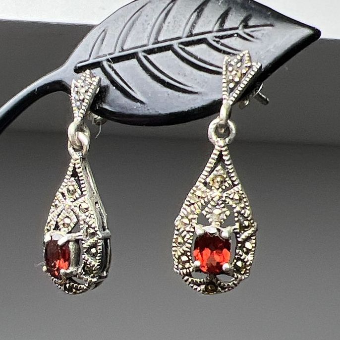 Sterling Silver Garnet & Marcasite Dangle Earrings 3.05g