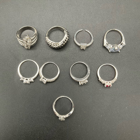 Fashion Costume Jewelry Lot of 9 Silver Tone Rings Various Styles Sizes