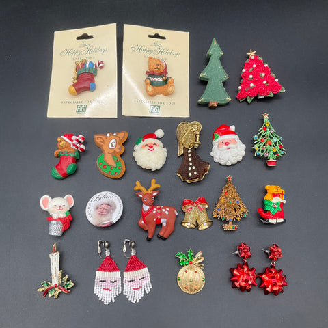 Vintage Christmas Holiday Jewelry Lot 22pc Brooches Pins Earrings FIGI Macy's