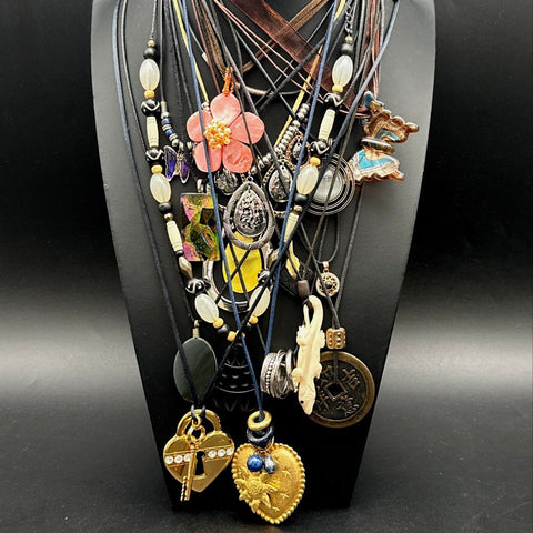 Vintage to Modern Costume Jewelry Lot 25pc Corded Necklaces Pendants Eclectic