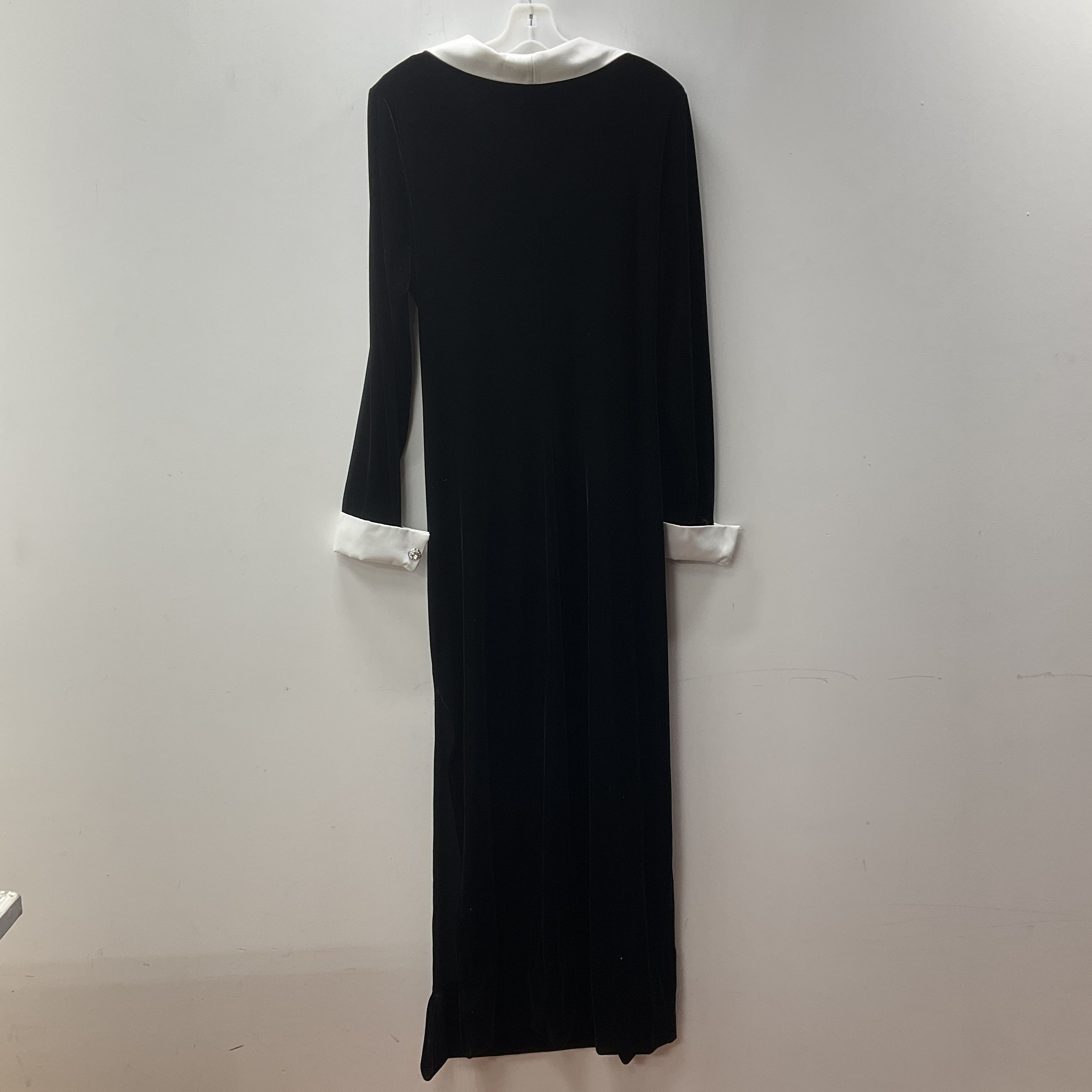 Cache Black Stretch Velvet Tuxedo Maxi Dress White Satin Trim Size 16 Vintage