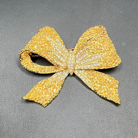 Vintage Corocraft Gold tone Rhinestone Bow Brooch 29.12g