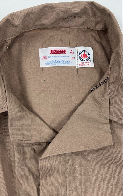 Vintage Unitog Tan Work Coveralls Golden Sun Patch Union Made USA Sz 44 Reg