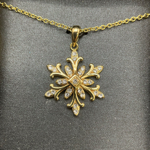 JCM Golden Radiance Gold Tone Plated Brass Clear Crystal Snowflake Necklace NIB