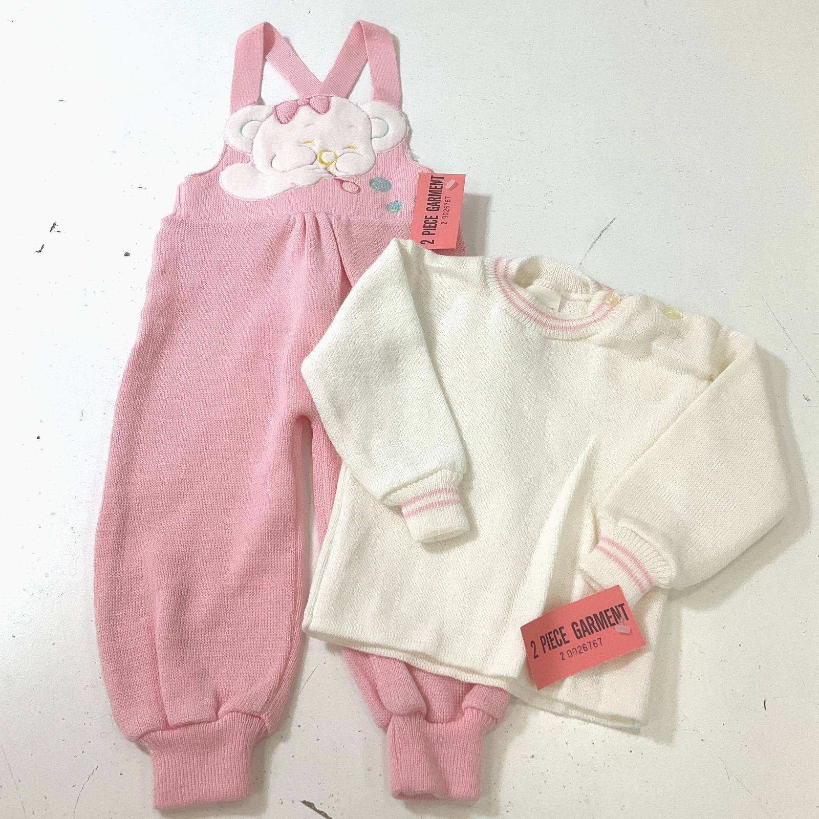 Levanon Knits White & Pink 2 Piece Sweater & Overalls Set 24 Months Vintage NWT