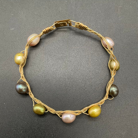 Kula Kala Gold Filled Multi-Color Pearl Wire Wrapped Braid Bracelet 7.25"