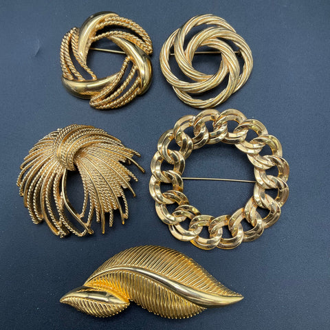 Monet Vintage Gold Tone Brooches Jewelry Lot of 5 Textured Swirl Leaf Chain