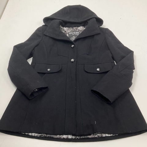 Guess Black Wool Blend Hooded Swing Peacoat Paisley Lining Women's