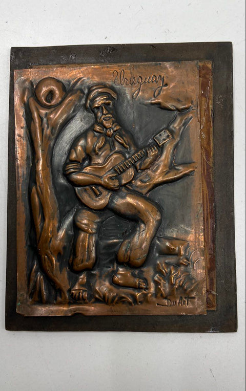 DuArt Signed Hammered Copper Relief Plaques Uruguay Gaucho Folk Art Set of 2