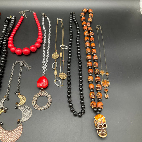 Vintage to Modern Costume Jewelry Lot 11 Necklaces Beaded Statement Skull Cross