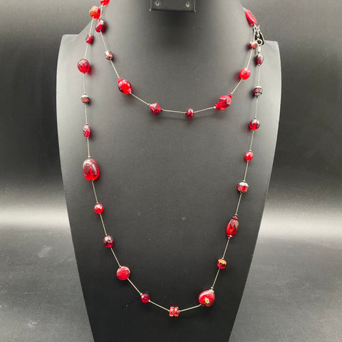 Vintage Debby Reid Silver Tone Red Faceted Glass Bead Station Necklace 25"