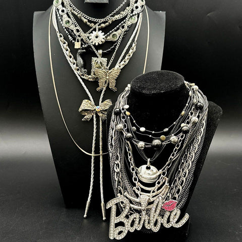 Silver Tone Mixed Costume Jewelry Lot Barbie Pendant Bolo Tie Butterfly 20+ Pcs