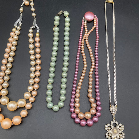 Vintage Faux Pearl Costume Jewelry Lot 4 Necklaces Rhinestone Multi-Strand